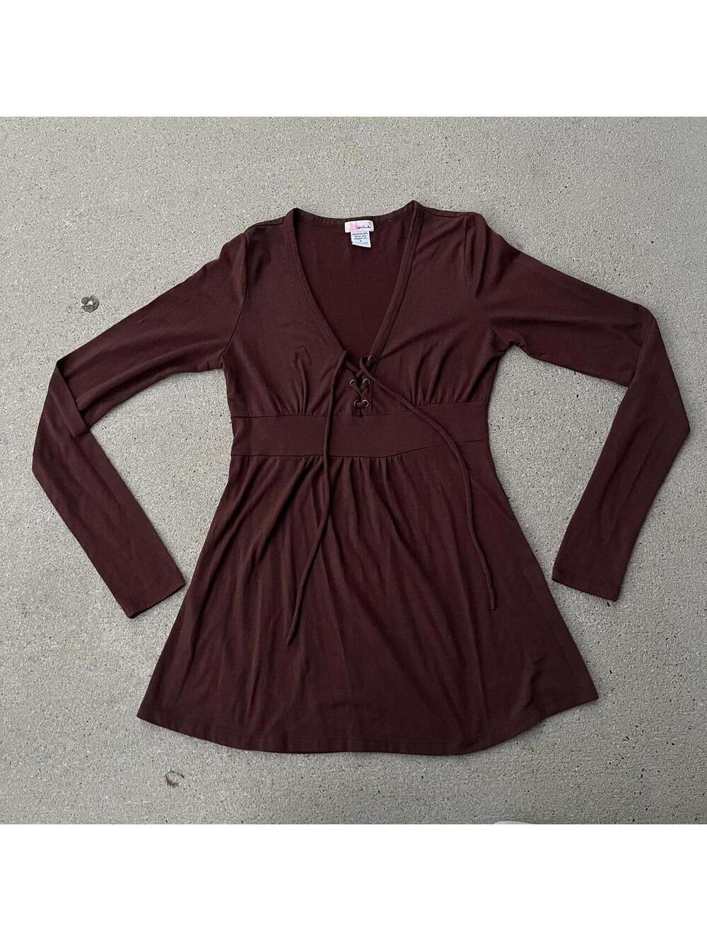 Brown cute 2000s lipstick brown tunic style front tie up shirt